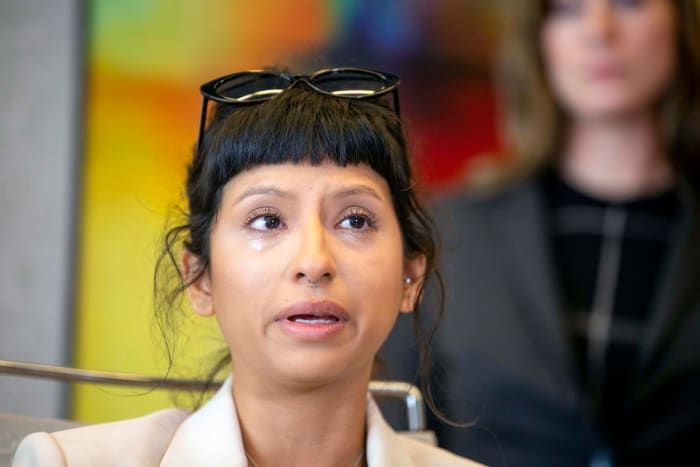 Ashley Solis speaks at a press conference about her allegations of sexual misconduct against Deshaun Watson